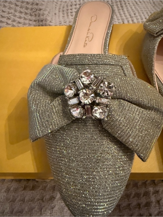 Oscar de la Renta Shoes - Oscar de la Renta Patrizia Silver Glitter Bow Slip-On Mules with Crystal Brooch